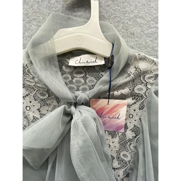 Chicwish Dress Womens Small Sage Gray Lace Ruffle Mesh Coquette Fairy Bow Midi - Picture 2 of 5